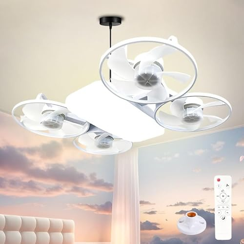 Deckenventilator mit Beleuchtung und Fernbedienung,50w Dimmbar Deckenleuchte Ventilator,360° Breiter Luftstrom Leise Ventilator mit E27 Lampenfassung 3-Gang Timer für Kinderzimmer Wohnzimmer (Weiß)