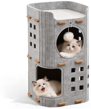 Katzenhöhle aus Filz,Katzenbett,Schloss Katzenhaus,Faltbares Porös Katzenbett zum Schlafen Spielen Verstecken,Winterfest,Abnehmbar Gemütliches Kätzchennest Grau (2 Stöckige,60x37x37cm)