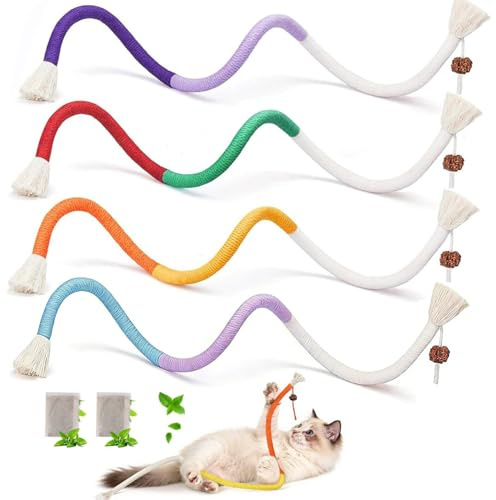 LauCentral 4 Pcs Natural Catnip Chew Rope, 27/70cm Snaky Interactive Cat Toys, Includes Refillable Catnip Pouch, for Indoor Cats & Kittens No-Squeaky Teeth Cleaning & Stress Relief for All Breeds
