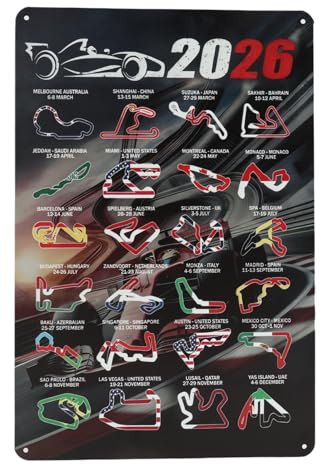 F1 Gifts, Grand Prix Circuit F1 Metal Sign and 2026 Racing Circuits Calendar Poster, Vintage Formula One Track Layout Wall Art Sticker, Motorsport Gift for Men Garage Home Office and Game Room Decor