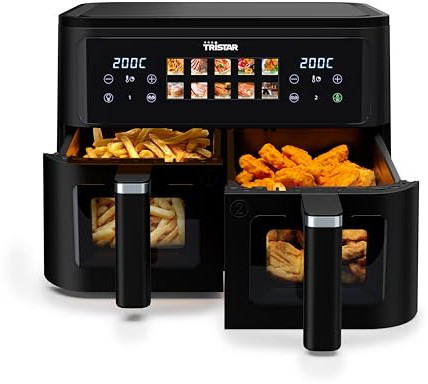 Tristar Friggitrice ad Aria a Doppio Cestello, 9 L Totali, 2500W, 10 Programmi, Pannello Digitale, Finestre di Controllo, Rivestimento Senza PFAS, Timer Regolabile, FR-9075