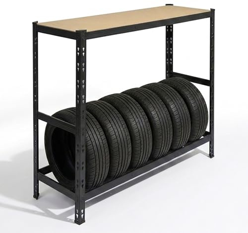 Relaxdays Reifenregal für 6 Reifen, HxBxT 110 x 120 x 40 cm, 300 kg, Stahl, Stecksystem, Reifenlager Werkstatt, schwarz