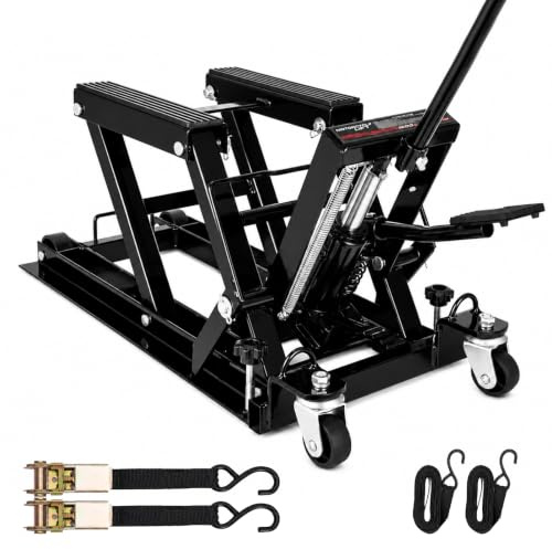EVERGOODS Hydraulic Motorcycle Lift Jack Stand with Adjustable Platform | Foot operated design with safety lock and wheels provides easy positioning in garages or workshops