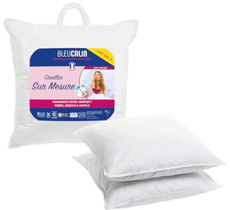 Bleu Câlin Lot de 2 Oreillers Carrés, Confort Sur Mesure, Souple à Ferme, Enveloppe 100% coton, Blancs, 65 x 65 cm