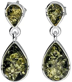 Pendientes de plata de ley, diseño de lágrima de ámbar color verde