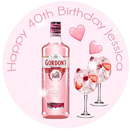 Bottle Gordons Pink Gin Colours Personalised Name Happy Birthday 8 inch Round Easy-Peel PRE-Cut Edible Icing Cake Topper Decoration