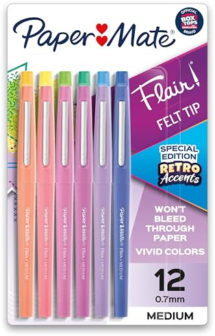 Paper Mate Flair Felt Tip Pens, Medium Point (0.7mm), Special Edition Retro Accents, 12 Count - Fun Office Supplies
