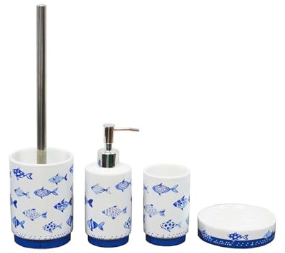 BM 4080 Set di Accessori da Bagno in Ceramica Bianco Blu Decorato Motivo Pesciolini, Set Accessori Bagno Completo 4 Pezzi, Dispenser, Portaspazzolino, Portasaponetta, Portascopino