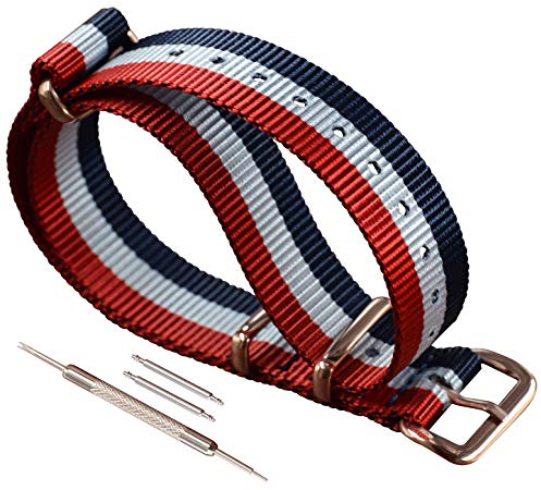 MZBUTIQ 17mm Bleu/Blanc/Rouge Bracelet Nylon Strap Bracelets de Montres pour Homme Boucle en or rose Extra Long