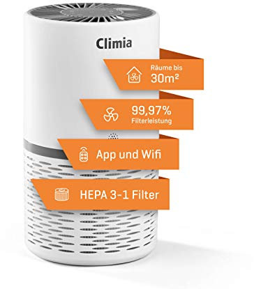 Climia CLR 250 Luftreiniger – 99,9% Filterleistung, mit Hepa Luftfilter und Aktivkohlefilter, 3-in-1 True-HEPA Raumluftfilter mit Wifi-Modul und App bis 30 m2 (Weiß/Grau)