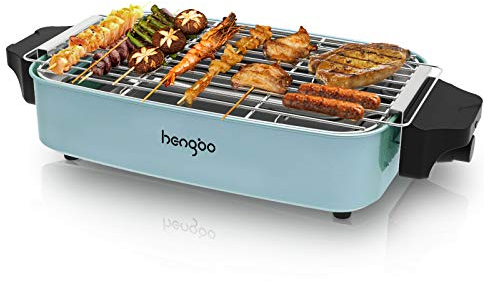 Grills Électriques Barbecue Électrique de Table pour 4-6 Personnes, BBQ Electrique Sans Fumé Utilisation en Intérieur, 260℃ Thermostat, 1800W, Bleu