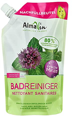 AlmaWin Öko Badreiniger 500ml Nachfüllbeutel, frische Minze, effektiv gegen Kalk, Seifenreste, Schmutz, vegan