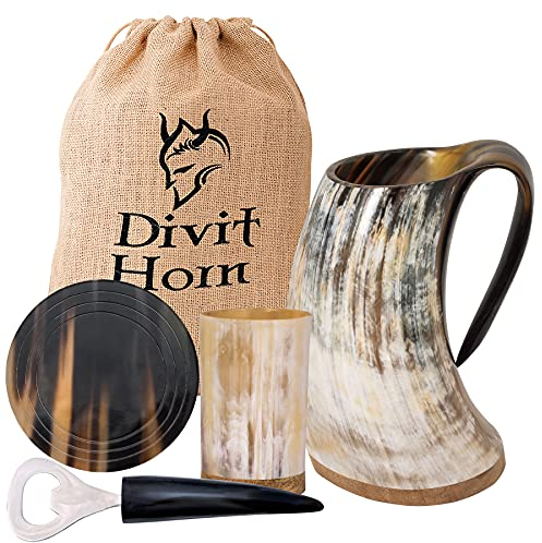 Divit Corne Viking Authentique | La chope de bière archaïque | flair royal; Boire dans une vraie tasse en corne de bœuf. (Natural Mug Set, 650-700 ml)