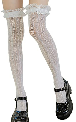 ZZALLL Calcetines Altos hasta el Muslo de Rejilla Medias de Encaje a Rayas con Volantes sobre la Rodilla - Blanco