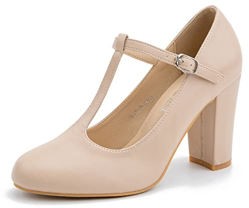 Women's T-Strap Mary Jane Pumps, Chunky Heel, Vintage Style, 3.54 Inch Round Toe Dress Shoes Matte Nude US 9