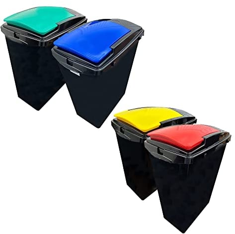 Large Grey 40 Litre Commercial Waste Utility Recycling Bins Interlocking Set Of 3 or 4 With Colour Coded Lids Blue, Green, Red & Yellow ((3 Bins With 3 Coloured Lids - Blue, Green & Red))