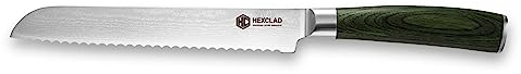 HexClad Brotmesser, 20 cm Japanische Damastklinge aus rostfreiem Stahl, Full Tang Konstruktion, Griff aus Pakkaholz