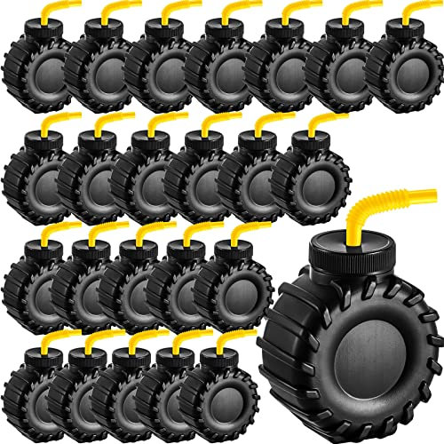 Amyhill Construction Truck Cups Set Truck Construction Cups with Orange Straw Construction Birthday Party Supplies Truck Tire Plastic Cup for Kids Construction Birthday Party Decoration (24)