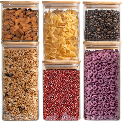 Laramaid Set di 6 barattoli di vetro con 160 etichette minimaliste per dispensa, barattoli quadrati con coperchi in bambù ed etichette adesive personalizzate trasparenti, contenitori per alimenti