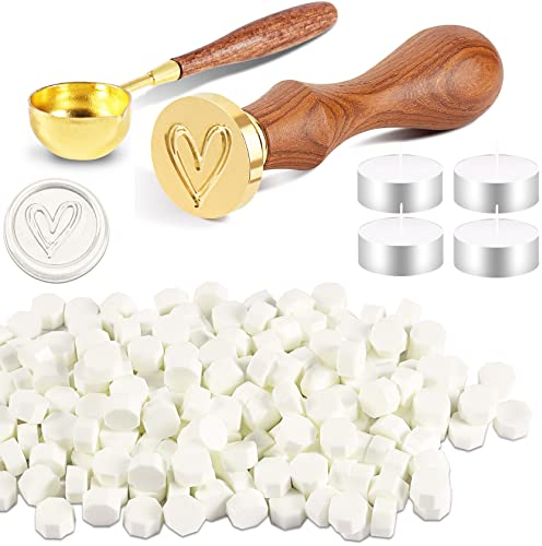 Foonii 200 Stück Siegelwachs Perlen Set Wachssiegel Stempel mit 1 Siegelstempel, 1 Schmelzlöffel, 4 Teelichte | Siegellack Perlen Set für Umschlag/Einladungen/Karten/Geschenk (Herz,Weiß)