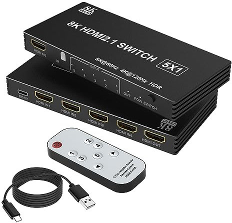 HDMI Switch 5 in 1 Out 8K@60Hz, 5×1 HDMI 2.1 Switcher Selector Box for 5 Computers with Remote Control, 5 Port HDMI Switcher Splitter for PS5 PS4 Xbox PC TV