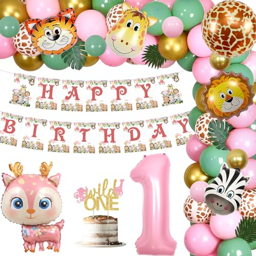 1. Geburtstag Rosa Safari Party Dekorationen - Rosa Safari Ballonbogen Kit mit Dschungeltieren Luftballons, Wild One Cake Topper, Geburtstagsbanner, 1 Folienballon für Wild One Geburtstagsdekorationen