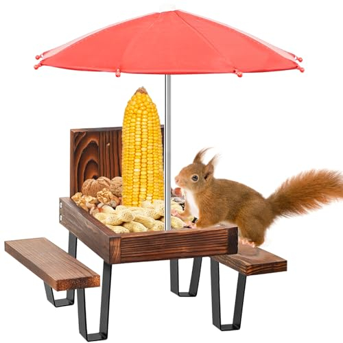 KHayRovies eichhörnchen futterhaus mit Schirm, eichhörnchen Haus eichhörnchen futterstation, Holz Eichhörnchen Futterhaus für draußen mit Regenschirm und Maisständer (A)