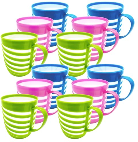 MAKREL Unbreakable Lightweight Plastic Drinking Cups for Camping, Kids Party, Travel & Outdoor Tea Coffee Mugs BPA Free with Handle (Striped, Pack of 12)