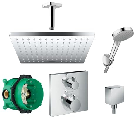 Hansgrohe Duschsystem mit Unterputz Duscharmatur von Hansgrohe Regendusche mit Armatur, Duschkopf eckig, Deckenarm Dusch-SET HGK04 poliert