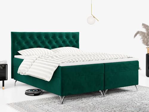 MKS MEBLE Boxspringbett 180x200, Bett 180x200 mit Matratze H4, Boxspringbett 180x200 mit Bettkasten und Topper, Polsterbett 180x200 Füße - GRIMALDI - 180x200 - Grün Velvet - H4