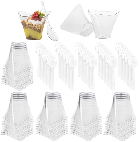 Mecmbj vasitos aperitivos plastico, vasitos plastico para postres, 50 PCS vasos de postre con 50 PCS cucharas, Juego de tazas de postre de 100 ml reutilizables para helado, mousse, pudín, postre