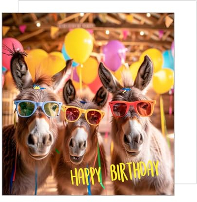 Edition Seidel Premium quadratische Geburtstagskarte mit Umschlag. Glückwunschkarte Happy Birthday Billet Tier Karte Mann Frau Kinder Coole Esel Sonnenbrille Ballons (GQ174 SW024)