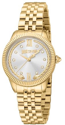 Just Cavalli Damenuhr, goldfarbenes Gehäuse, silberfarbenes Zifferblatt, goldfarbenes Metallarmband, 3 Zeiger, 3 ATM, Goldfarben, Armband