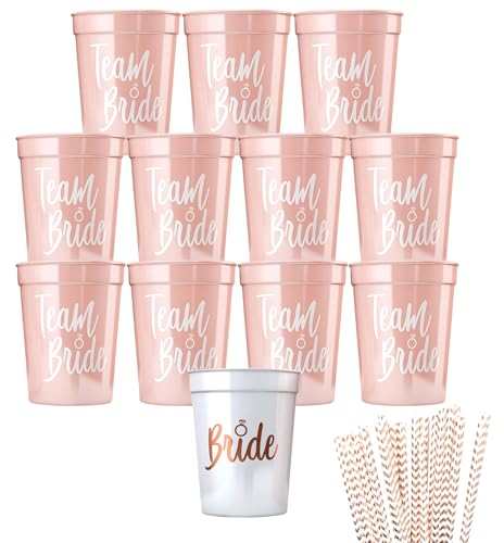 12 Stück Team Bride Becher JGA Becher Wiederverwendbar Bachelorette Party Cup mit 6 Modelle Rosagold Folie Team Bride Strohhalme für Bridal Shower Verlobungsfeier Junggesellenabschied frauen Party