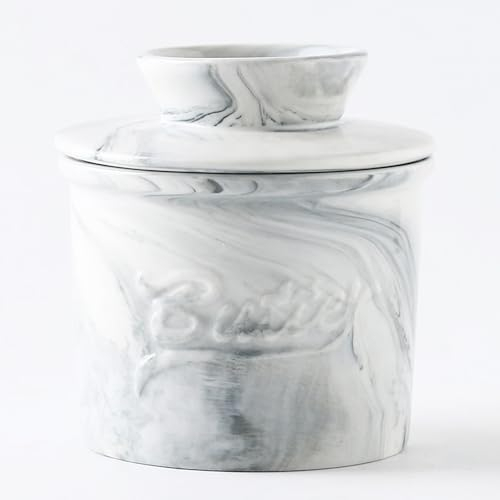 Duscdesp Beurrier rond en porcelaine - En céramique - Avec refroidissement à eau - Avec couvercle - Pour beurre frais et tartinable - Marbre