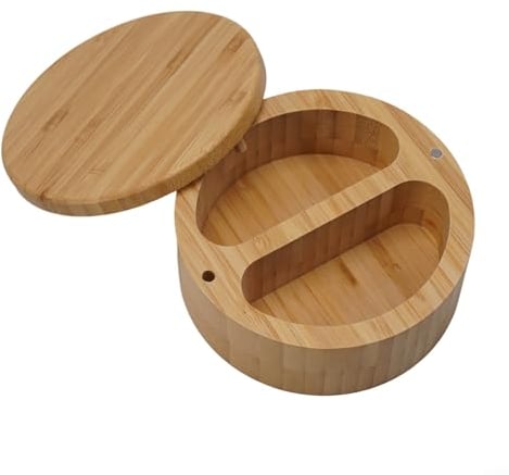 Natural Acacia Wood Spice Container Double Compartment Round Spice Jar Magnetic Swivel Lid Spice Container