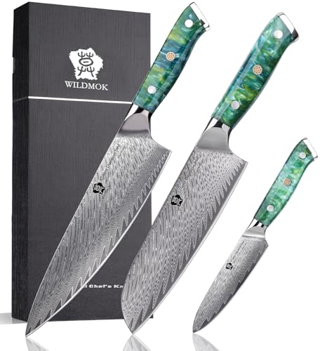 WILDMOK Professionelles Küchenmesser-Set, 3-teilig, Kochmesser-Set aus Damaststahl, 3-teilig, ultrascharfe japanische Küchenmesser, ergonomischer Harzgriff, Geschenkbox für Zuhause oder Restaurant