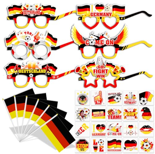 HOWAF Deutschland Fußball Deko, 12 STK Deutschland Fußball Partybrille Deutschland Fußball Brille, 12 Deutschland Flagge, 20 Temporäre Tattoos Deutschland für Fans der Deutschen Nationalmannschaft