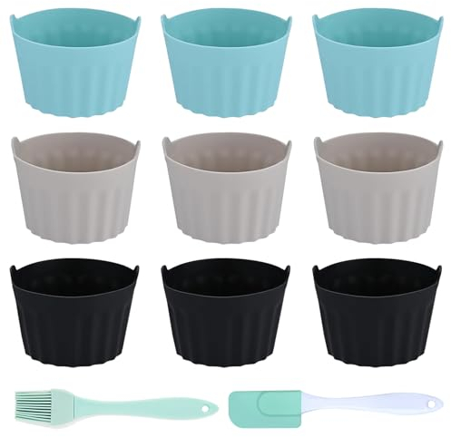 FIHODONE 11 PCS Silicone Muffin Cases, Moulds for Air Fryer, Reusable Ramekins, Cake Cases, With Brush and Spatula (Black, Gray, Blue)
