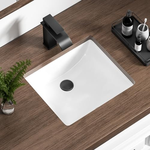 KARAMAG Fregadero de baño pequeño de 14 pulgadas, rectangular, bajo encimera, de cerámica, color blanco, con desbordamiento (14.4 x 12.7 pulgadas)