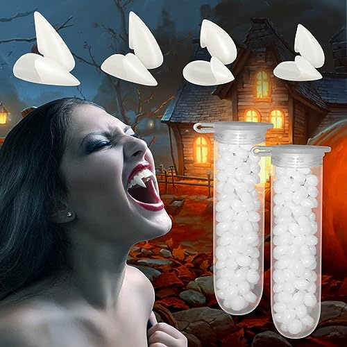 Vampire Fangs Kit, 6 Pieces 4 Sizes Vampire Teeth Adult kids Fake Dentures with 2 Tube Teeth Pellets Adhesive for Halloween Costume Cosplay Party Prop Decoration (Beige)