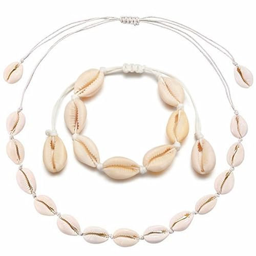 Bkemkri Muschel Halskette Armband Set, Natural Shell Choker Muschelkette Muschelarmband, Natürliche Muschel Perlen Armband Muschelketten Schmuck für Damen und Mädchen Muschel Fußkettchen