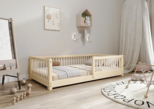 TIMBEE - Alfi - Kinderbett 90x200 cm - Bett Holz Unlackiert - Einzelbett für Kinder mit Lattenrost und Rausfallschutz Abnehmbar - Belastbar bis 100 kg - aus Kiefernholz Klasse 1