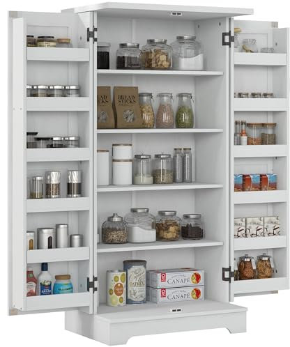 HOMCOM Aparador de cocina, armario de cocina, vaso, 5 niveles, con puertas y estantes ajustables, 60 x 40 x 120 cm, grano de madera, crema