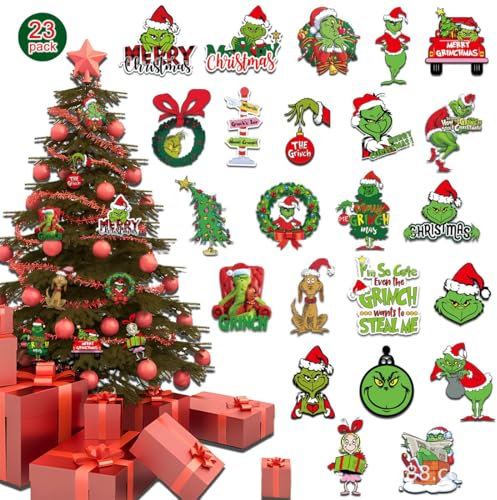 AOWVUTS 23 Stück Grin-ch Deko Weihnachtenanhänger, Weihnachtsdekorationen Hängende Ornament, Weihnachtsbaum Dekoration, Weihnachtsbaumschmuck für Kinder Weihnachten Geschenk