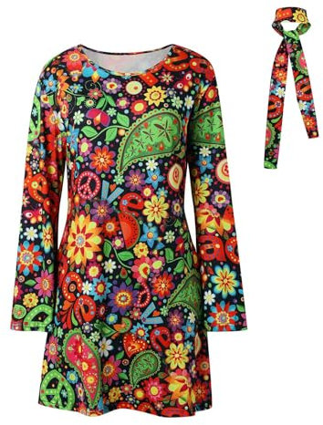 XIAOYUER Hippie kostüm Damen 70er Jahre Bekleidung Damen Kleid 60er 70er Hippie Kleidung Damen Accessoires Disco Outfit Kostüm Damen Mädchen 70er Mode Damen Faschingskostüme für Karneval Party