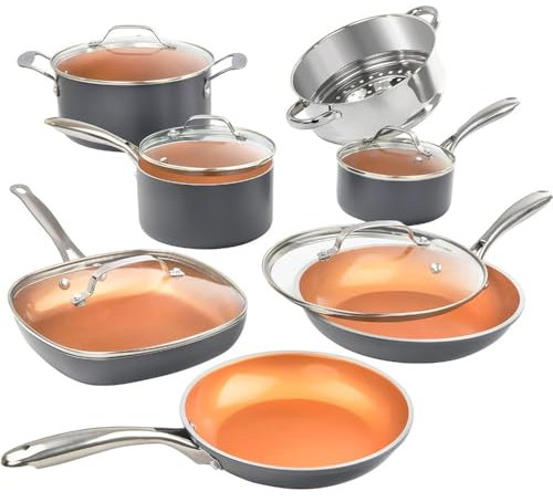 Juego de 12 ollas y sartenes de cerámica antiadherentes con revestimiento de cerámica, incluye ollas, sartenes y tapas, juego de cocina para chef casero, apto para lavavajillas