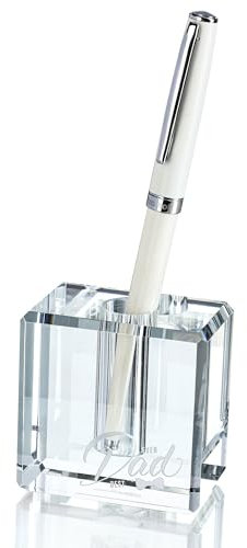 QFkris Crystal Carved Single Pen Holder Father's Day Gifts, Fancy Fountain Pen Holder for Desk, Glass Feather Pencil Stand for Office Desktop Decoration, Gift for Father Man
