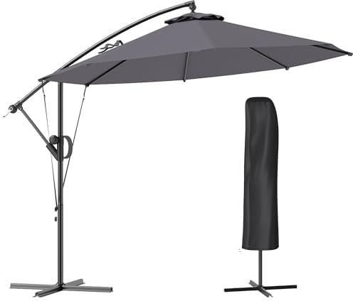Outsunny 3(m) Garden Cantilever Parasol with Cover and Wind Protection Strap, Round Overhanging Umbrella with Crank Handle and Tilt, Banana Patio Umbrella for Outdoor Sun Shade, UPF50+, Grey