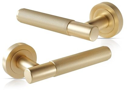 IRONWORX® Satin Brass Door Handles | Diamond Cut, Machined Knurled Textured Design, Premium Lever on Round Sprung Rose Door Handle Set, Enhanced Grip & Comfort, Easy to Install, for Internal Doors